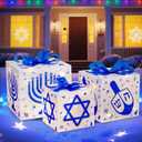 Domkom Set of 3 Hanukkah Lighted Gift Boxes,60 Led Light Up Present Box Decorations with Dreidel Menorah, White and Blue Chanukah Gift Boxes for Christmas Tree Indoor Outdoor Holiday Decor