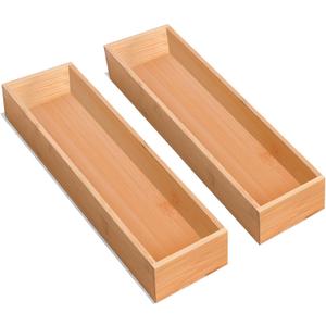 Silverware Drawer Organizer, Utensil Organizer, Bamboo Storage Box Wood Tray for Drawer Set of 2 (11.6" x 3.15" x 1.8")