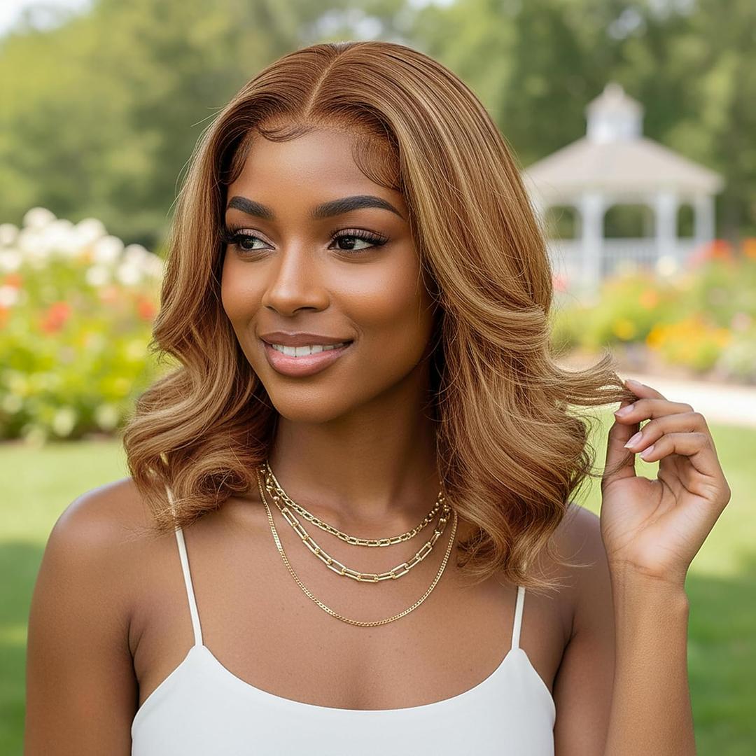 SOKU 13x6 Lace Front Bouncy Wavy Wig, Short Loose Wave Synthetic Wigs for Black Women 13x6 HD Lace Frontal 12 Inch Highlights Pre Plucked Glueless Wig Brown Mixed Blonde Color