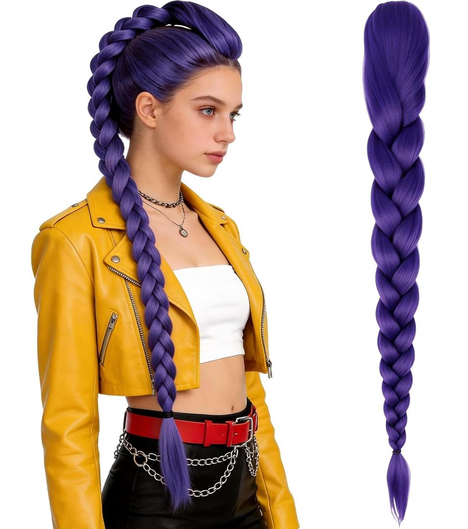 Purple Long Braided Ponytail Wig for Anime Cosplay, Clip-On Colorful Hair Extension for Comic Con, Halloween Parties