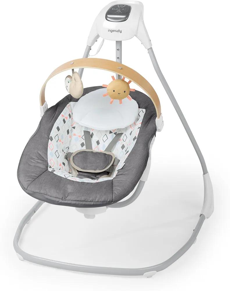 Ingenuity SimpleComfort Compact Baby Swing, Rotating Seat Swings in 3 Directions, 6 Speeds, 8 Melodies & 3 Nature Sounds, Ages 0-9 Months, Up to 20 Pounds - Parker