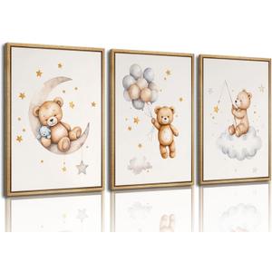 3Pcs Teddy Bear Nursery Wall Art Bear Sleeping on The Moon and Stars Wall Decor Pictures Balloon Cloud Neutral Canvas Poster Prints for Kids Baby Room Kindergarten Home Decoration 12x16in, Unframed