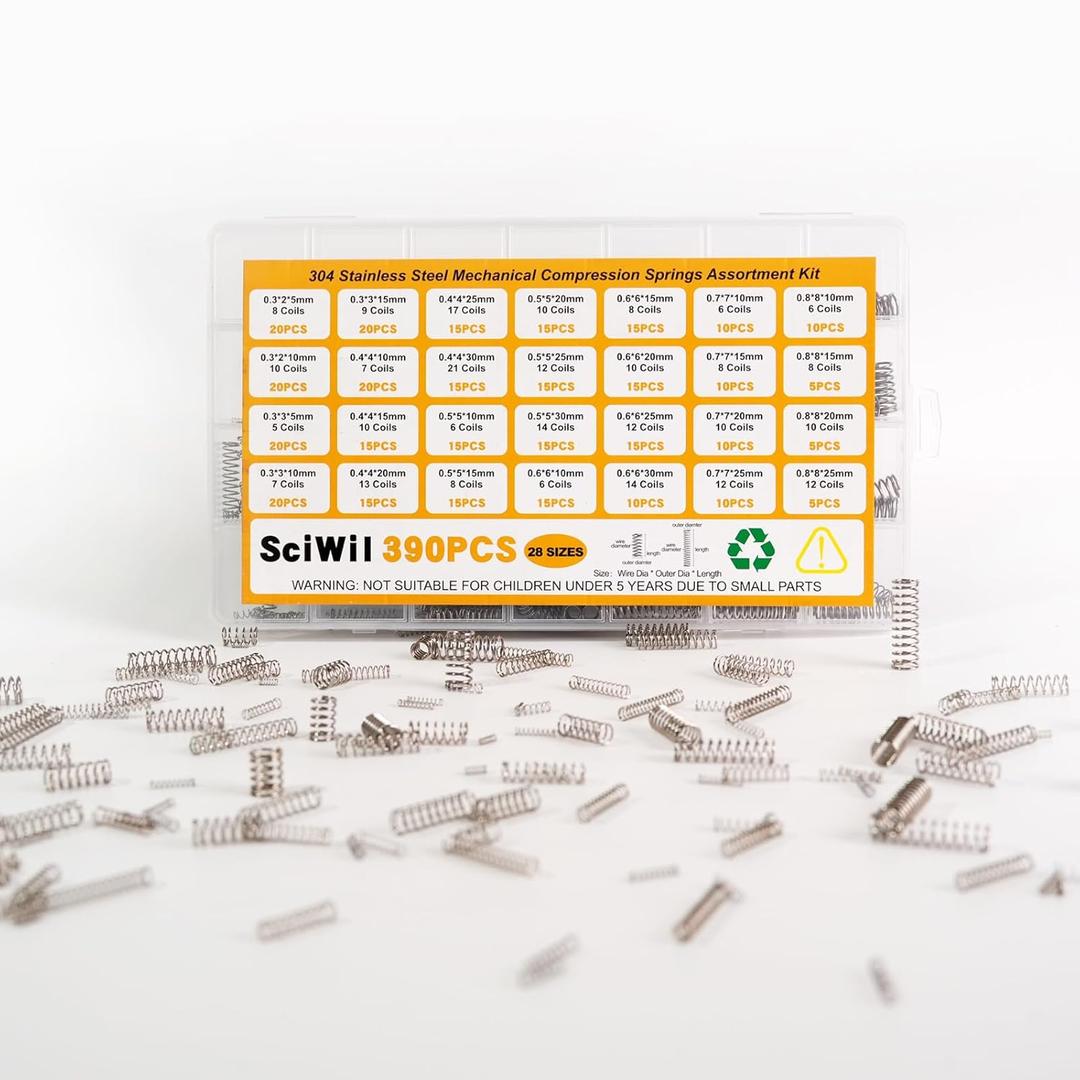 390-Piece Compression Spring Assortment Kit, 28 Sizes Small Springs Set, Stainless Steel Rust-Resistant Mechanical Mini Springs for Hobby Crafting and DIY Repair Project