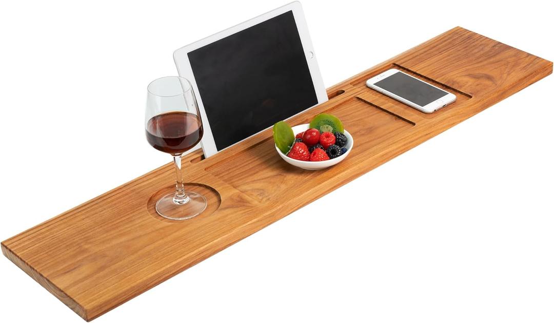 VaeFae Teak Bathtub Tray Table, Wooden Bath Board for Tub with Wine and iPad Holder (34.3" x 7.8" x 0.8")