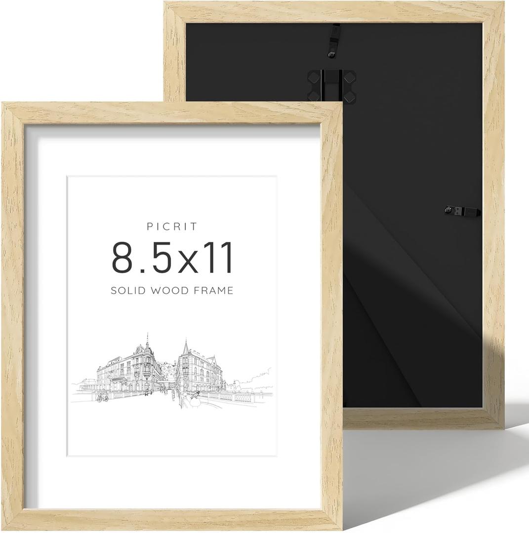 Picrit 8.5 by 11 Picture Frame Natural Wood Set of 2, Solid Wood and Black Backboard, Displays 6x8 with Mat or 8.5x11 Without Mat, Tabletop & Wall Mounted, Multi-Piece Wall Gallery Photo Frames for Home Decor, Oak Wood Grain