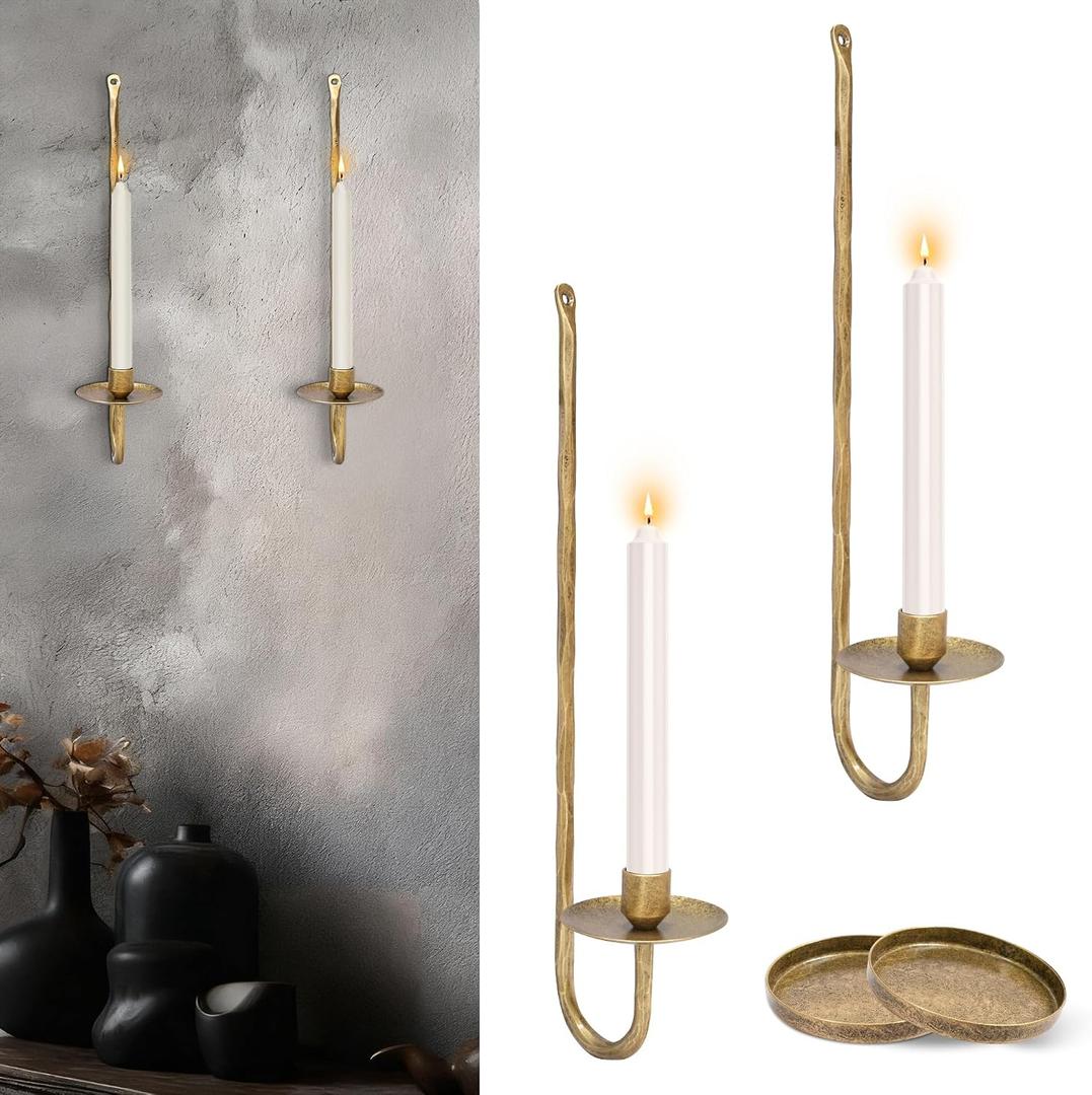 Wall Candle Sconces Set of 2 Metal Wall Candle Holders Hand-Forged Vintage Gold Solid Steel, Rustic Home Decor for Living Room, Bedroom, Dining Room, Candle Accent