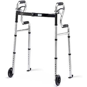 Walkers for Seniors with 5” Front Wheels by Health Line Massage Products, Width Adjustable Compact Standard Walker Support Up to 350lbs, Quick Folding 2 Wheels Walker for Seniors, Adults Sliver