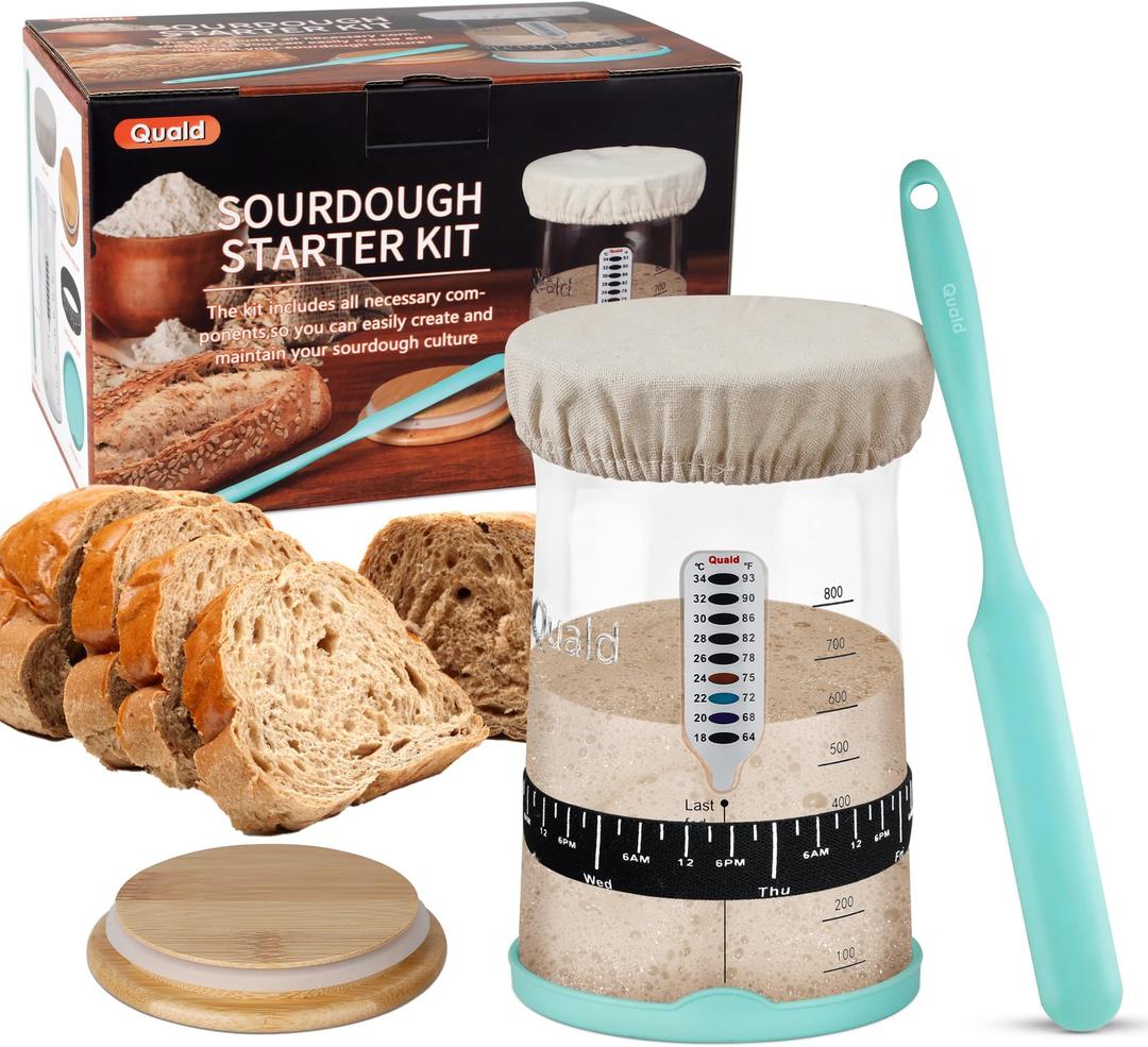 Sourdough Starter Glass Jar - with Cloth and Stainless Cover for Sourdough Bread Starter, Spatula, Feeding Day Band and Thermometer - Resting Sourdough Kit for Bread Making and Baking Supplies