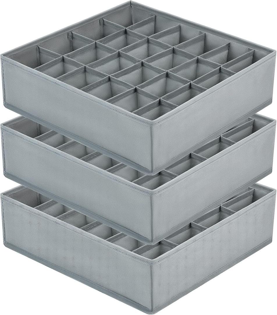 DIMJ Sock Drawer Organizer Dividers - 3 Pack 72 Cell Underwear Organizer Foldable Closet Storage for Ties, Belts, Lingerie, Hijab, Scarf, Handkerchiefs, Fabric Dresser Storage (Gray)