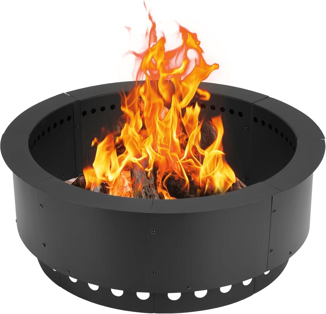 BPS Metal Fire Pit Ring, 37 Inch Outer/30 Inch Inner Smokeless Double-Layer Outdoor Firepit Insert for Backyard Wood Burning, Campfire