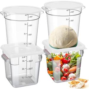 4 Pcs Food Storage Container with Lids Set 4 Qt Square and Round Clear PC Commercial Containers with Scale Handle for Home Restaurant Kitchen Food Storage, Dough Rise, Flour(White)