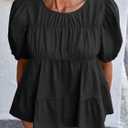 Tankaneo Womens Puff Sleeve Peplum Babydoll Tops Summer Flowy Pleated Cotton T-Shirts Casual Loose Fit Cute Blouse (Black, M)