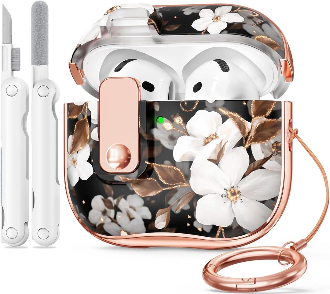 for Apple AirPod 4 Case 2024 with Lock,Clear TPU Floral AirPod 4th Generation Cases for Women Girly, iPod 4 Case with Keychain & Cleaner Kit- Black Gold Flower