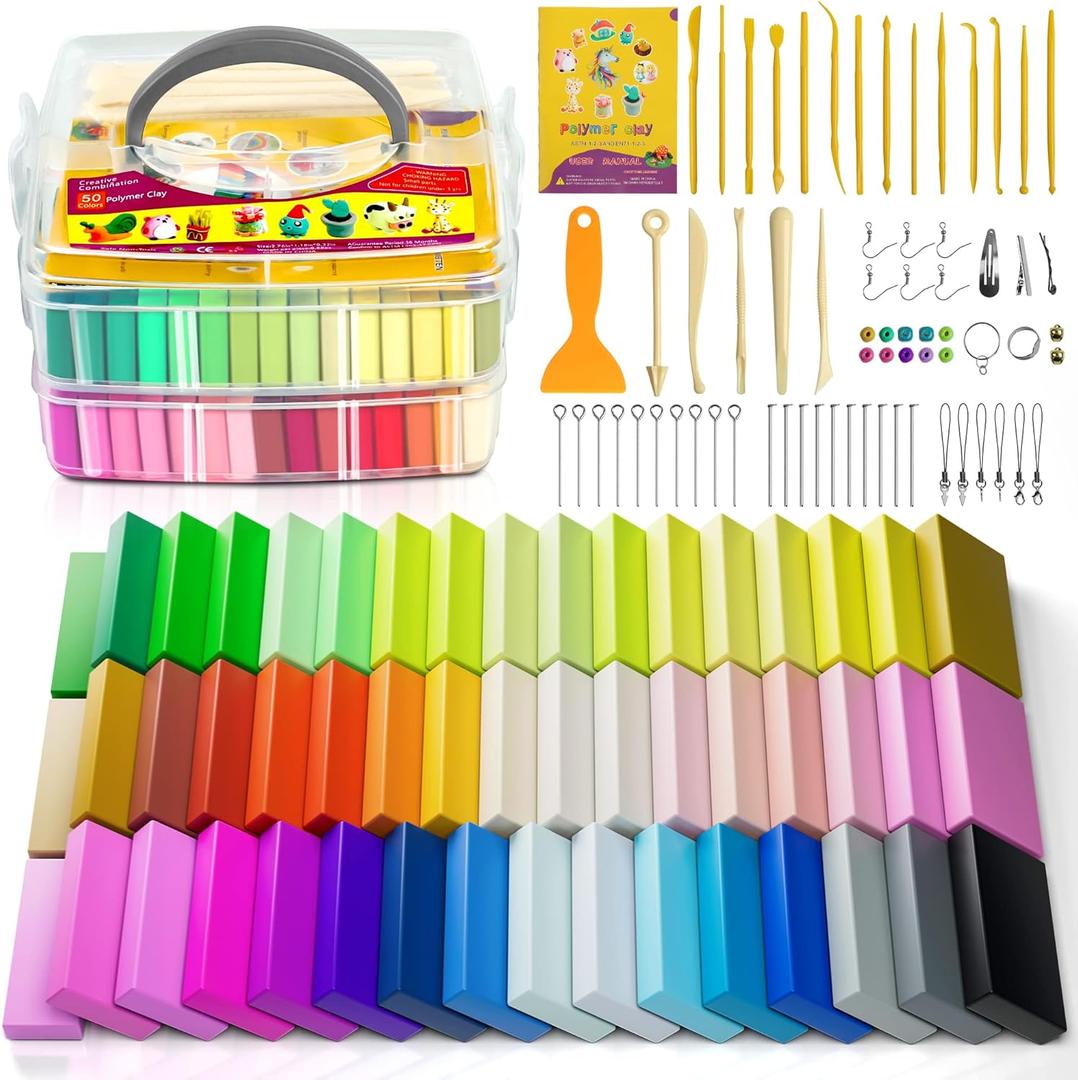 Polymer Clay 52 Colors, Modeling Clay for Kids, Non-Sticky Oven Bake Clay with Sculpting Tools and Accessories, Halloween Christmas Gift for Children and Artists.