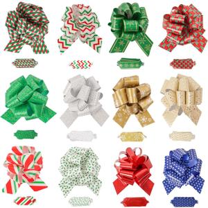 24 PCS Wrap Ribbon Pull Bows, 12 Designs 4.7" for Gift Wrapping, Easy-to-Use Christmas Bows for Presents, Holiday Decorations, Christmas Wrapping Bows