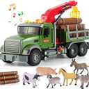 Timber Logging Truck w/ Functional Loading Crane Toy & Bundle of Logs, Large 15" Semi Transport Tow Truck Hauler Playset for Kids, Boys Ages 3 4 5 6 7 8, Lights & Sounds, 6 Farm Animals, Birthday Gift (Timber Truck)
