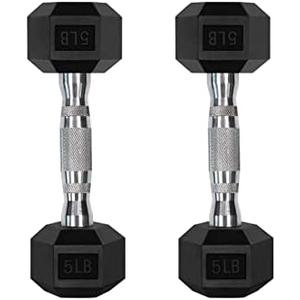 RitFit 5LBS Rubber Encased Hex Dumbbell Sets with Optional Rack for Home Gym, Coated Hand Weights for Strength Training, Workouts