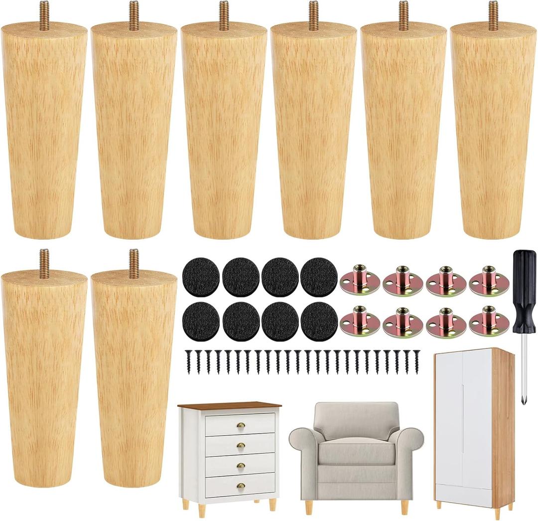 TURSTIN 8 Pieces Furniture Legs 6 Inches Round Solid Wood Furniture Feet Couch Legs Sofa Legs Replacement Legs for Armchair, Cabinet, Chair, Dresser or Home DIY Projects, Natural Wood