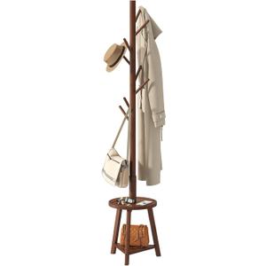 BMOSU Coat Rack freestanding Stand with 2 Shelves Bamboo Wooden Coat Tree Easy Assembly 8 Hooks Standing Jackets Hanger Hallway Office Floor Coat Stand Brown