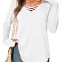 Tankaneo Womens Long Sleeve V Neck Shirts Loose Fit Casual Tunic Tops Curved Hem Criss Cross with Thumb Hole T Shirt White (White)