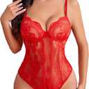 Avidlove Sexy Lingerie for Women Lace Teddy Bodysuit Deep V Cut Out Babydoll One Piece lingerie (Medium, Red)