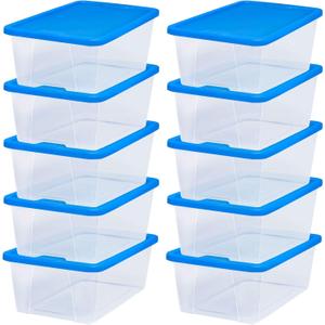 HOMZ 10-Pack Snaplock, Small Clear Plastic Storage Organizer Bins w/Lids, 6 Quart, Blue - Stackable Container Boxes for Bedroom, Bathroom, Garage, and Office Organization