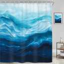 Riyidecor Ocean Beach Shower Curtain Beachy Abstract Blue Sea Wave Coastal Summer Nautical Ombre Navy Modern Nature Cool 72Wx72H Inch Hawaii Fabric Decor Bathroom Polyester Waterproof 12 Pack Hooks