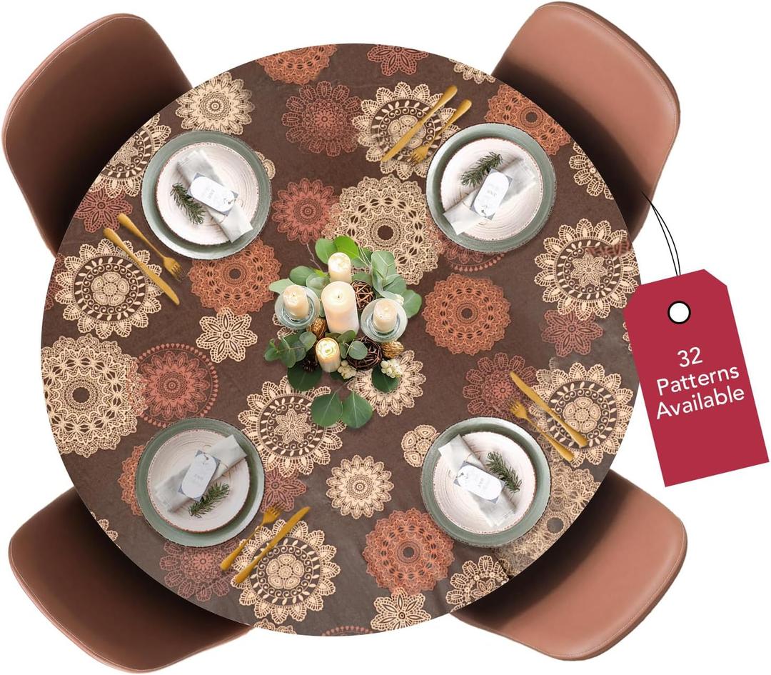 Covers For The Home Deluxe Elastic Edged Flannel Backed Vinyl Fitted Table Cover - Medallion Pattern - Large Round Oblong Oval - Fits Tables up to 45" - 56" Diameter