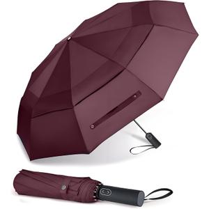 MRTLLOA 62 Inch Large Folding Golf Umbrella, Oversize Double Canopy Vented 10 Ribs Windproof Compact Travel Umbrellas for Rain(62 Inch, Burgundy)