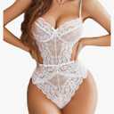 Women Lingerie Lace Bodysuit Teddy Lingeries V Neck Cut Out One Piece Mini Babydoll M