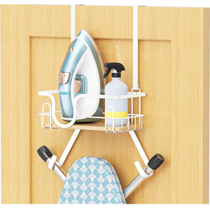 XILIMEN Ironing Board Holder Wall Mount, Over The Door Ironing Board Hanger with Storage Basket, Iron Holder for Hotel Rooms, Home Laundry Rooms, Utility Rooms, Closets, White