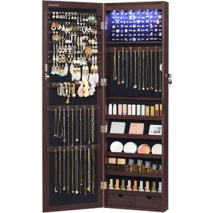 SONGMICS 6 LEDs Mirror Jewelry Cabinet, 47.2-Inch Tall Lockable Wall or Door Mounted Jewelry Armoire Organizer with Mirror, 2 Drawers, 3.9 x 14.6 x 47.2 Inches, Brown UJJC93K