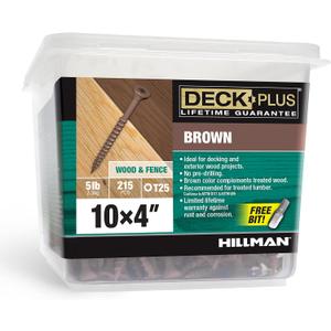 Deck Plus 4 Inch Epoxy Coated Exterior Wood and Fence Screws #10 x 4 Torx/Star Drive Included Coarse Thread, Outdoor Rust Resistant Decking Screw, Brown, 5 lb Box, 215 Pieces | 49014