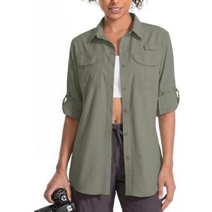 Womens UPF 50 Long Sleeve Sun Shirt Safari Hiking Fishing Quick DIY UV Protection Button Up Travel Shirt for Gardening M