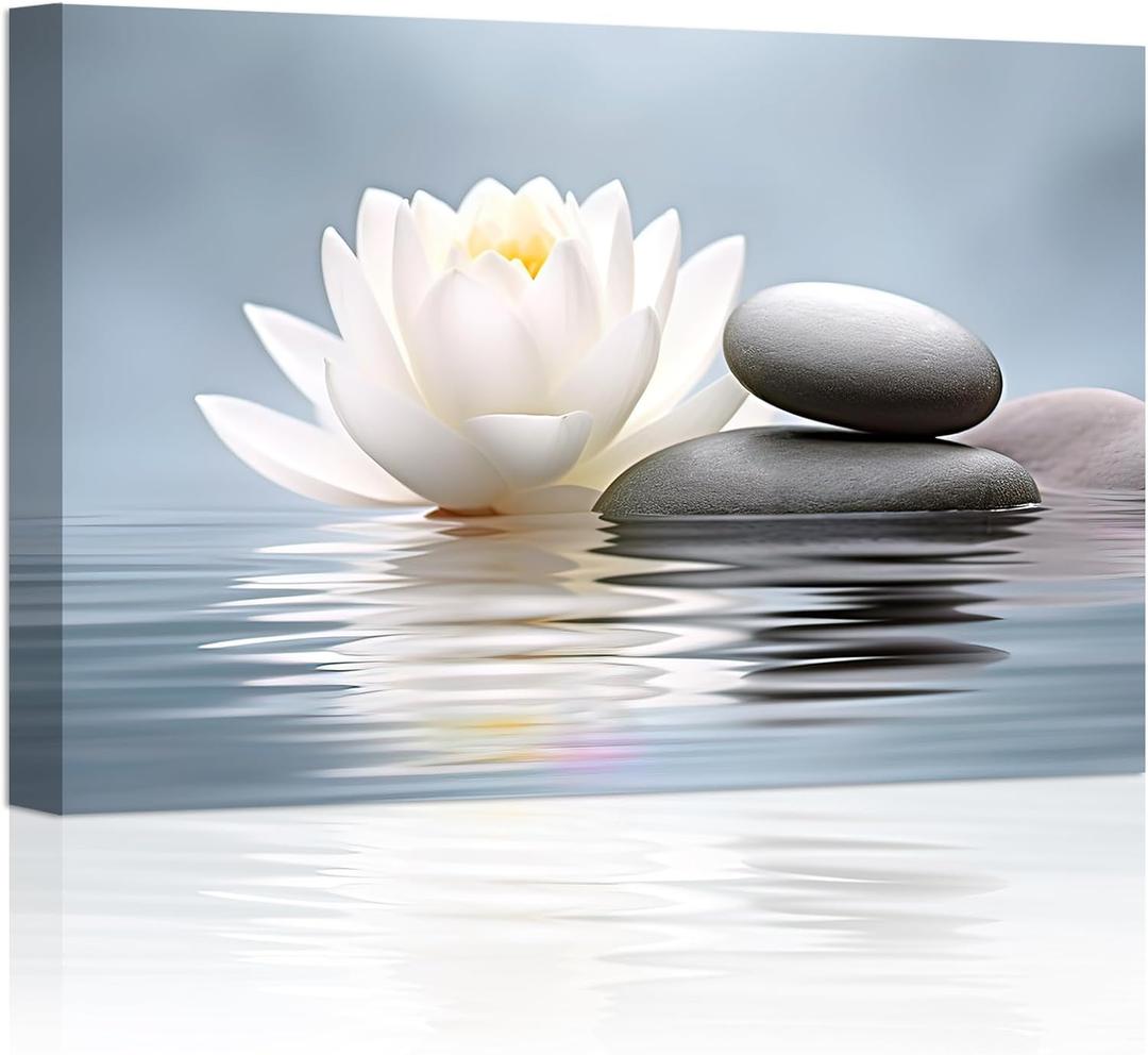 LZIMU Zen Wall Art Lotus Flowers Stones on Water Pictures Water Lily Canvas Prints Bathroom Decor Spa Artwork for Yoga Studio Meditation Spiritual Room Framed (Zen-1, 16.00"x24.00")