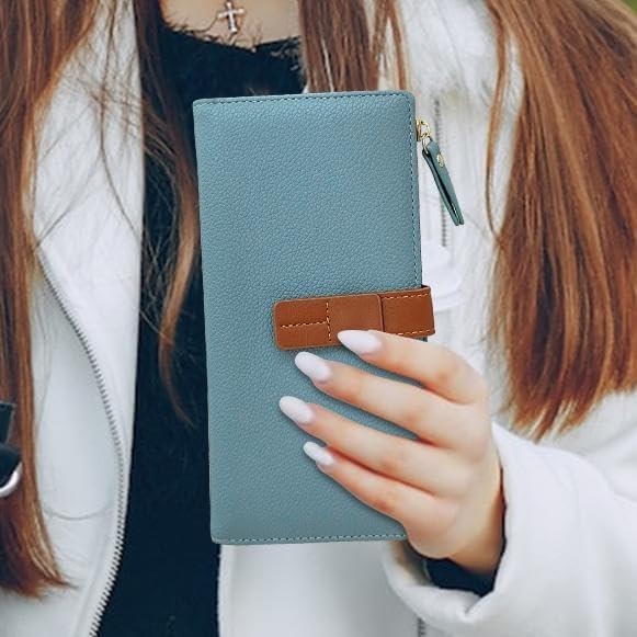 Women Wallet, PU Material Long Wallets for Women, Multiple Compartments Women Credit Card Holder with Zipper, Fashionable Slim Women Wallet for Travelling, Dating, Shopping(Blue)