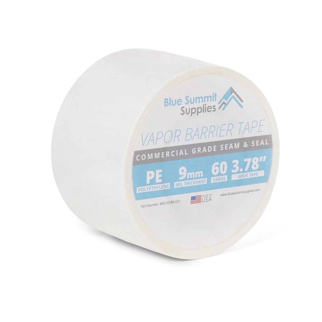 Blue Summit Supplies Vapor Barrier Tape, 3.78" Wide x 180' Long Roll, Made in USA, PE 9mm Polyethylene Tape, Moisture Barrier Seam for Crawl Space or Marine Use, Waterproof White