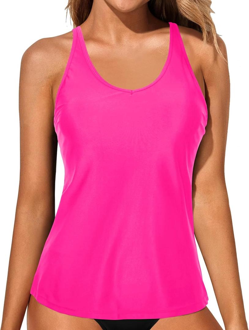 Yonique Womens Tankini Top Only Athletic Swim Top Modest Tankini Swimsuit No Bottom (Medium, Hot Pink)