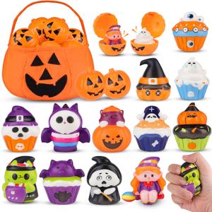 25pcs Halloween Party Favors for Kids Squishy Toy Halloween Prefilled Pumpkin Filler Toys with Bucket Halloween Goodie Bag Stuffers Pinata Stuffer for Kids Prizes Box Bulk Toys