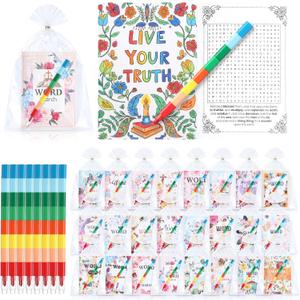 Sinload 24 Pcs Bible Verse Coloring and Word Search Activity Books Bulk with 24 Crayons Mini Inspirational Scripture Activity Kit for Church Party Favors Sunday School Supplies Christian Gifts