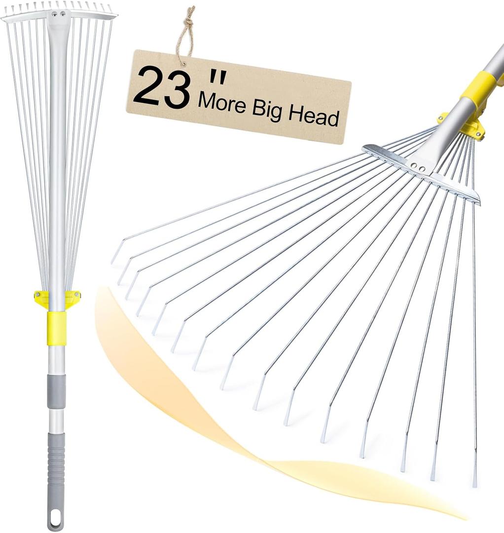 JARDINEER Adjustable Rakes for Leaves, Large Garden Leaf Rake for Lawns Grass with 7-23" Expandable Head, Yard Collapsible Rake for Camping (64 inches)