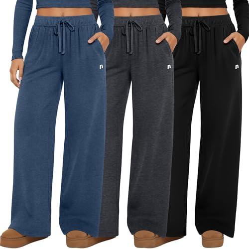 Neer 3 Pack Women's Wide Leg Pants, High Waisted Baggy Cotton Sweatpants Casual Athletic Drawstring Yoga Pants with Pockets, Medium 