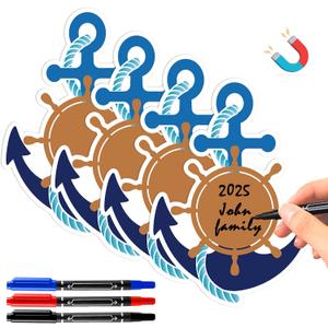 Treela 4 Pcs Cruise Ship Door Decorations Set Anchor Magnets with Paint Pens Family Cruise Crew Cabin Door Decorations Magnetic Sticker Nautical Ship Wheel Car Magnet for Carnival Refrigerator Decor