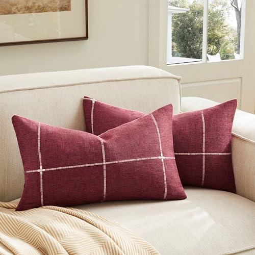 YZJZEDS 2 Packs Grid Embroidery Lumbar Throw Pillow Covers, 12x20 Inch Burgundy, Farmhouse Linen Decorative Red Cushion Covers for Sofa Bed Living Room Home Decor