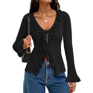 ZESICA Womens 2026 Fall Tie Front Bow Cardigan Sweaters Long Bell Sleeve V Neck Ruffled Knit Cropped Trendy Tops (Small, Black)