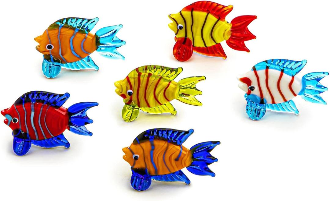 HDCRYSTALGIFTS Miniature Hand Blown Tropical Fish Figurine Handmade Art Glass Sea Animals Collection, Set of 6 (Multicolor)