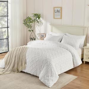 VACVELT 5PCS Boho Duvet Cover Queen Size, White Tufted Duvet Cover with Zipper & Ties, No Comforter, Shabby Chic Textured Bedding for Farmhouse Country, Breathable & Soft Microfiber