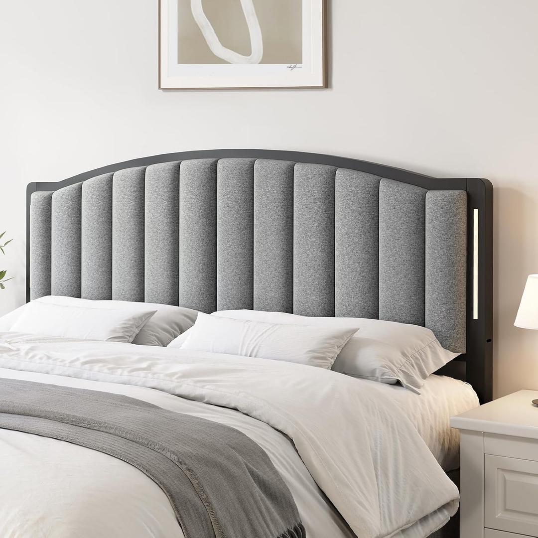 Headboard for King Size Bed with LED Lights, Upholstered Vertical Channel Tufting Head Boards, Linen Fabric Bed Headboard Only, Study & Comfortable, Ideal for Bedroom, Dorm, Guest Room, Grey
