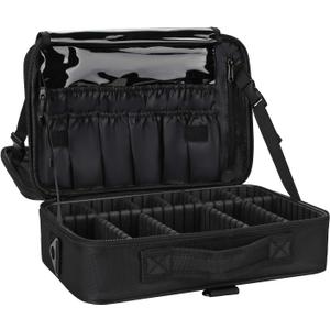 Relavel Makeup Bag Travel Makeup Train Case 13.8 inches Large Cosmetic Case Professional Portable Makeup Brush Holder Organizer and Storage with Adjustable Dividers and Shoulder Strap Black