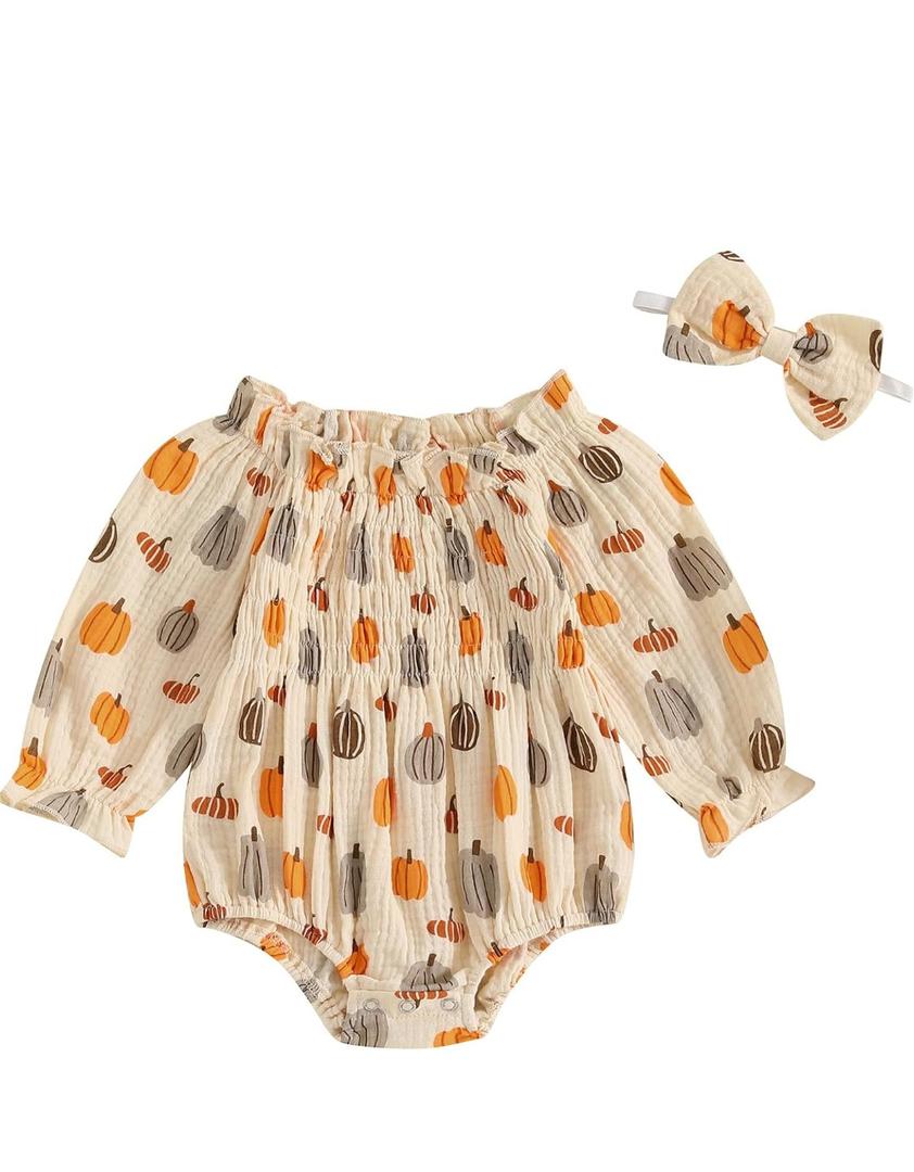 SAYOO Baby Girl Halloween Christmas Romper Cotton Linen Pumpkin Smocked Bubble Romper Bodysuit Off Shoulder Jumpsuit Outfit, 0-3M